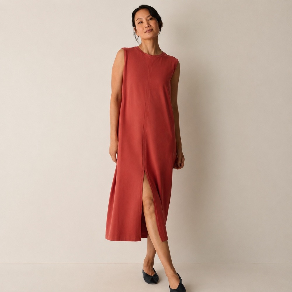 Eileen Fisher Womens Rust Terracotta Sleeveless Front Slit Maxi Dress Medium
